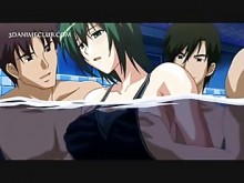 Tres sementales cachondos follándose a una linda chica anime bajo el agua